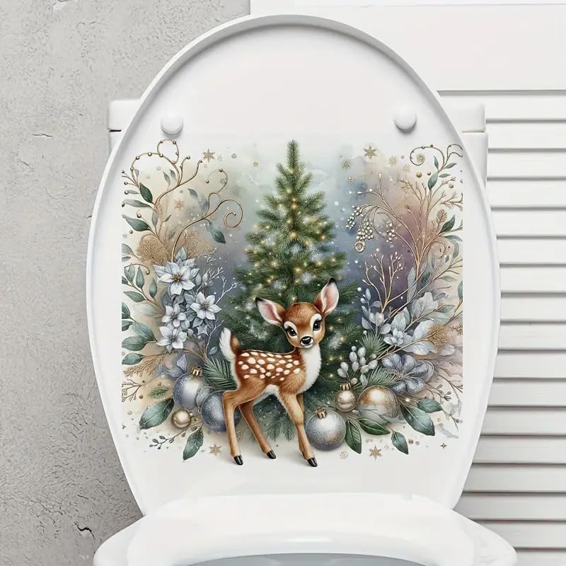 DIDOSOFT Christmas Festive Deer and Tree Toilet Cover Sticker Decals,Fish Bird Flower Leaf Waterproof Toilet Lid Tank Seat Decals Cistern Self-Adhesive Bathroom Wall Sticker - Image 2